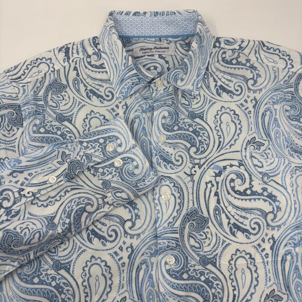 Tommy Bahama Medium Blue Paisley Pattern Long Sleeve Button Up Shirt